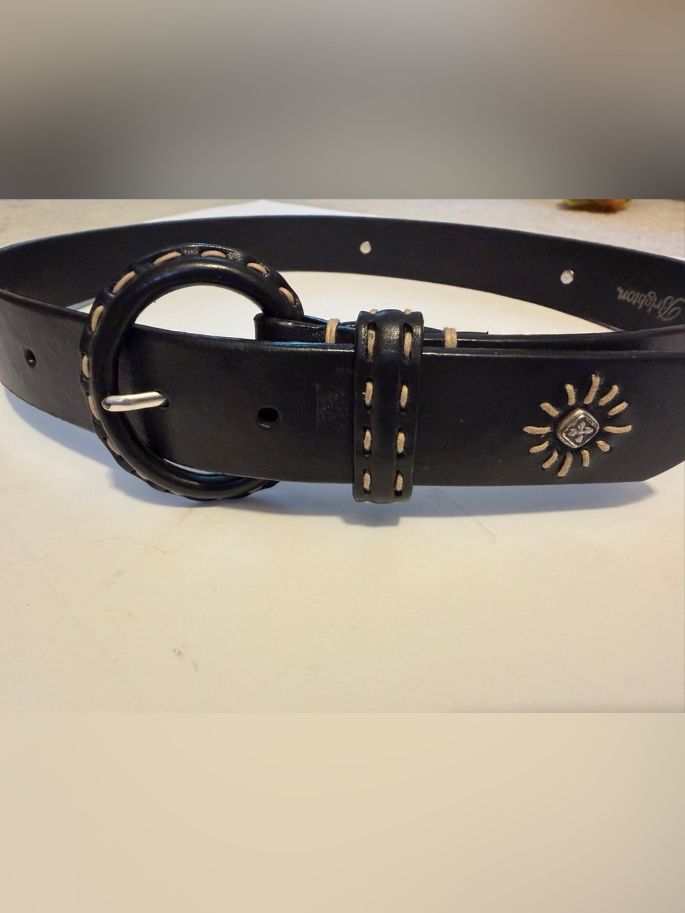 Brighton Black Leather Belt with Cream Stitching and cross Accents size M(30)